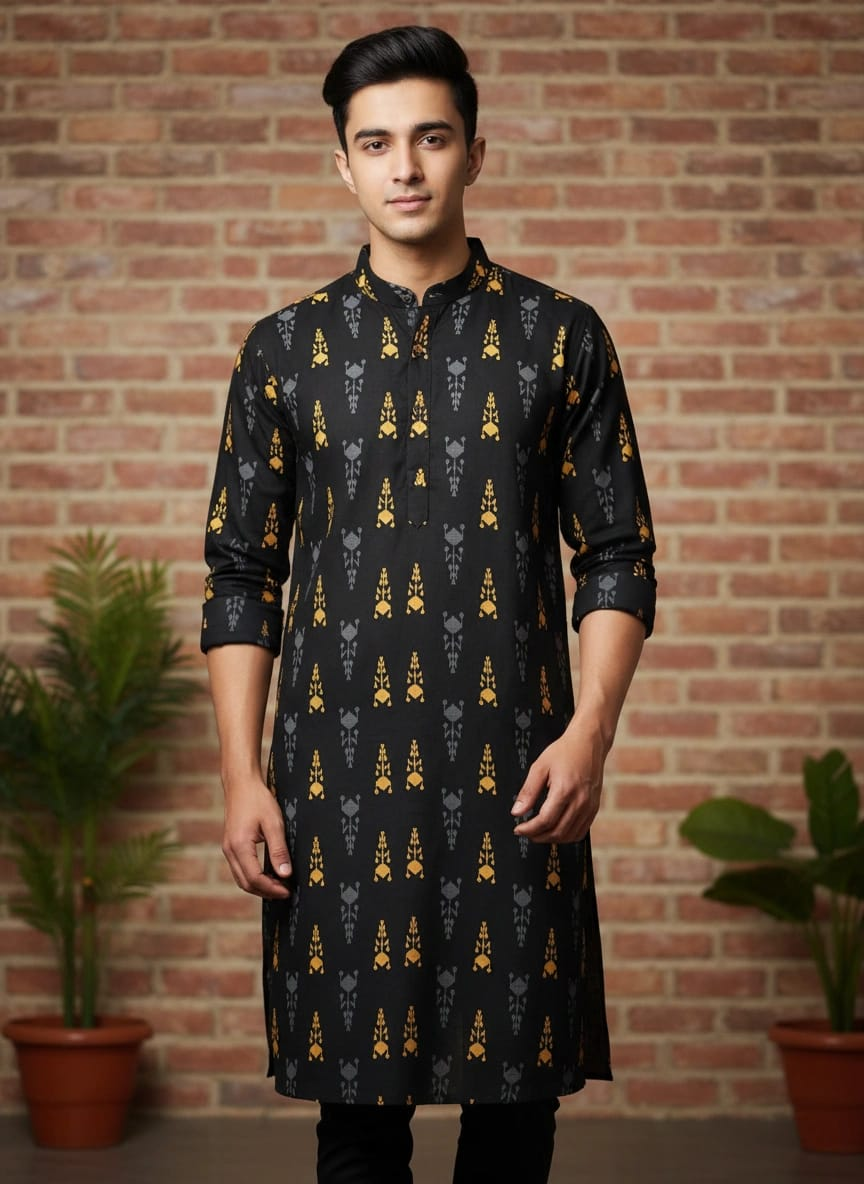 110 All over Printed Premium Aarong Soft Cotton Black & Yellow Colors Mens Punjabi - Image 1